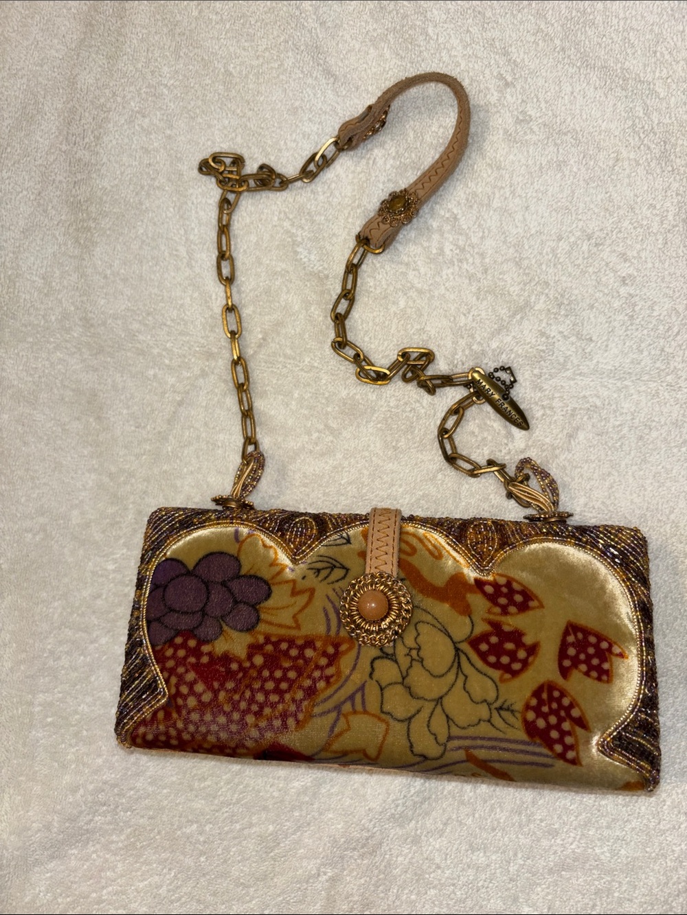 Mary Frances Gold, Burgundy and Purple Floral Velvet Shoulder Clutch